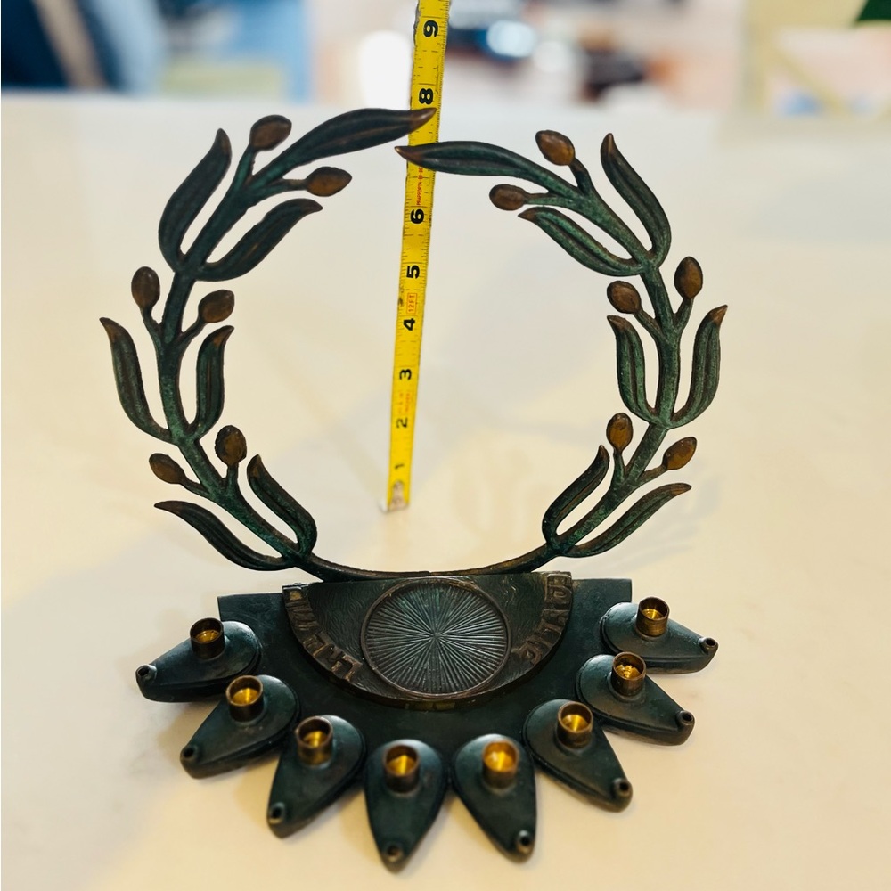 Vintage Brass Olive Leaves APPL. NO841 Oil And Candle Hanukkah Menorah - Picture 9 of 14